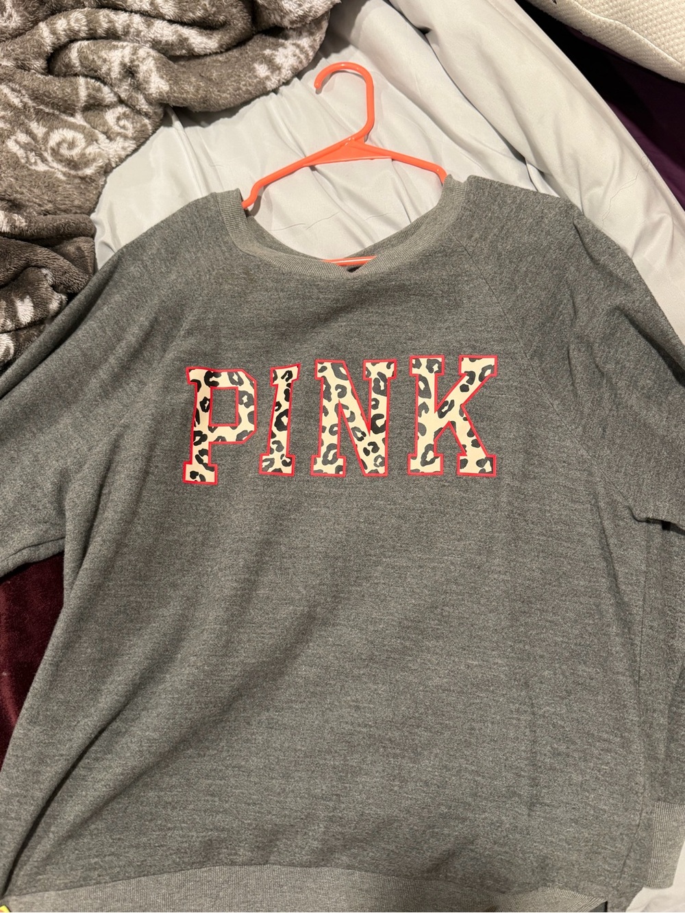 Victoria's Secret PINK Grey Sweatshirt with red Outlined Leopard Letters
